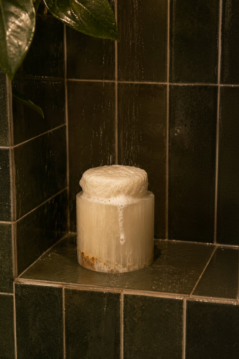 A foaming shower steamer  next to an Aesop bottle on a dark tiled shelf.