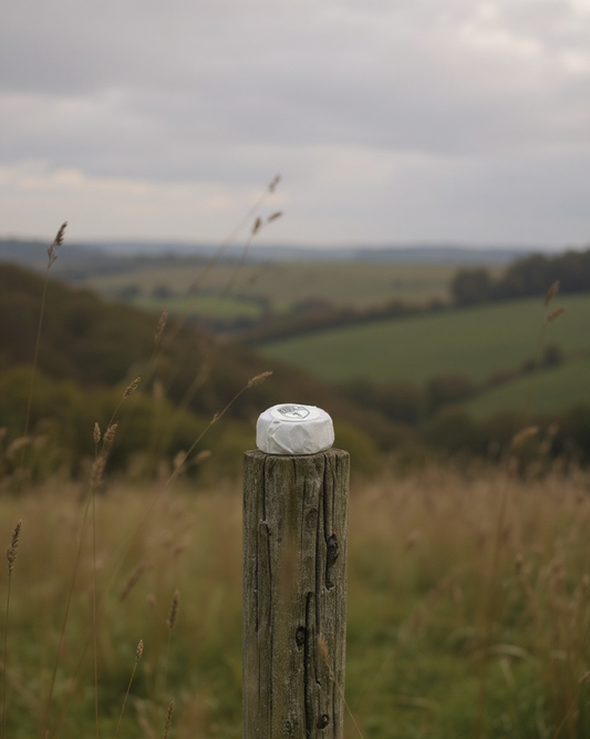 Shower steamer on a wooden post in a grassy field with rolling hills in the background